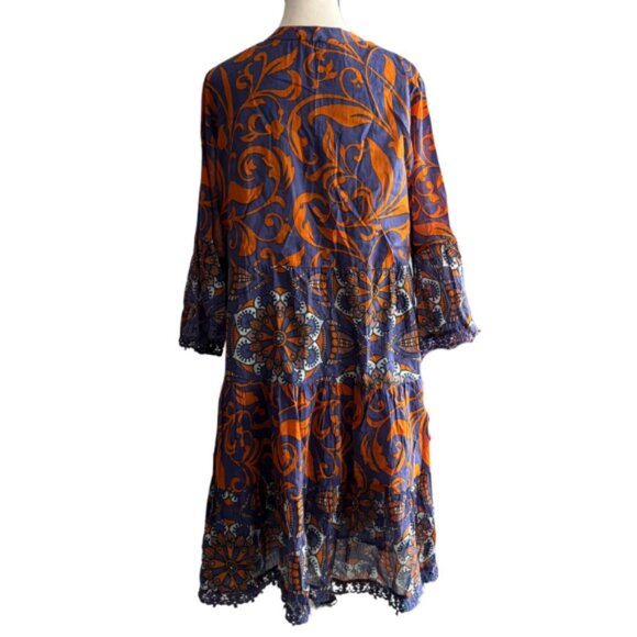 ORANGE FASHION VILLAGE, BEAUTIFUL PURPLE/ORANGE, BELL SLEEVE CROCHET TRIM DRESS - Picture 5 of 9